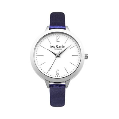 Ladies blue metallic strap round watch